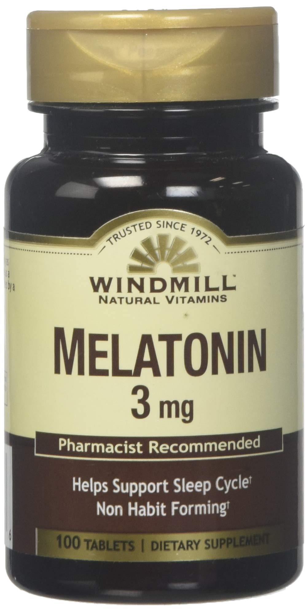 Windmill Melatonin 3 mg tablets front view, 100 count
