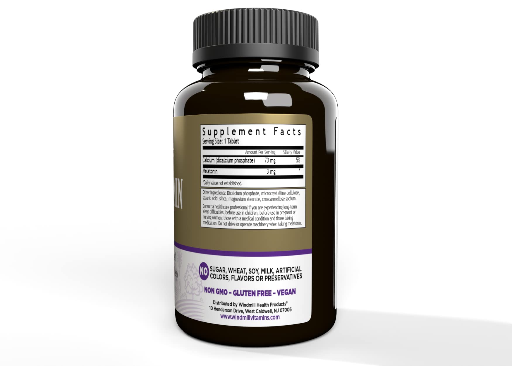 Windmill Melatonin 3 mg tablets side view with packaging
