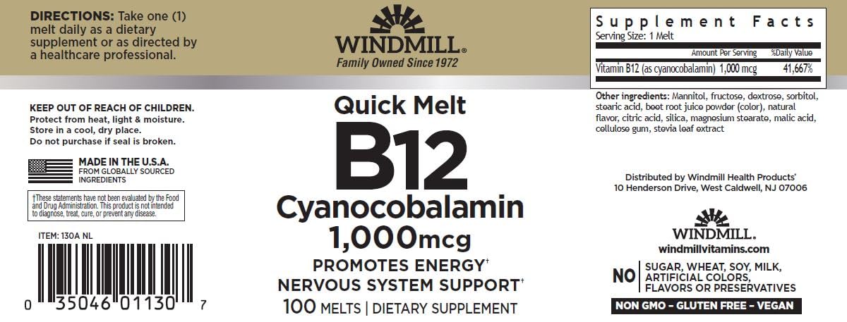 Windmill Sublingual Vitamin B-12 1000 mcg Tablets side view