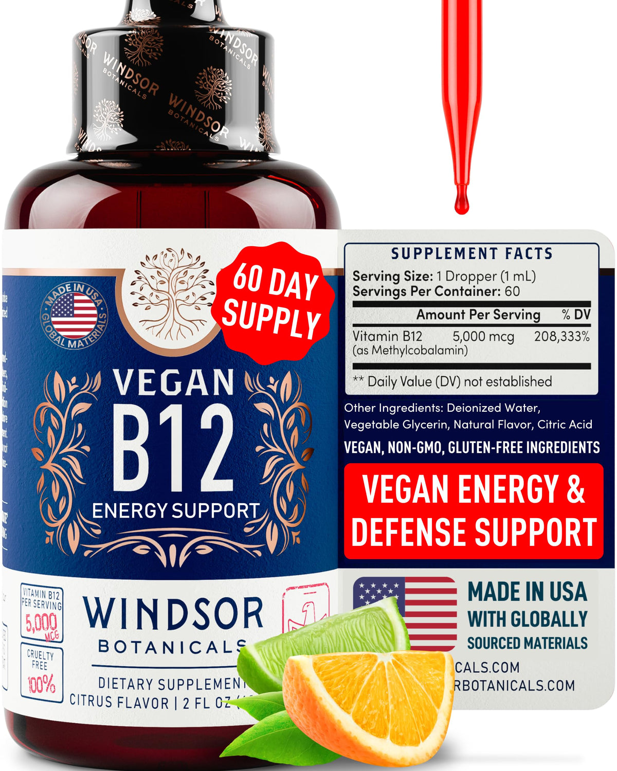 WINDSOR BOTANICALS B12 Sublingual Drops 5000 mcg front view