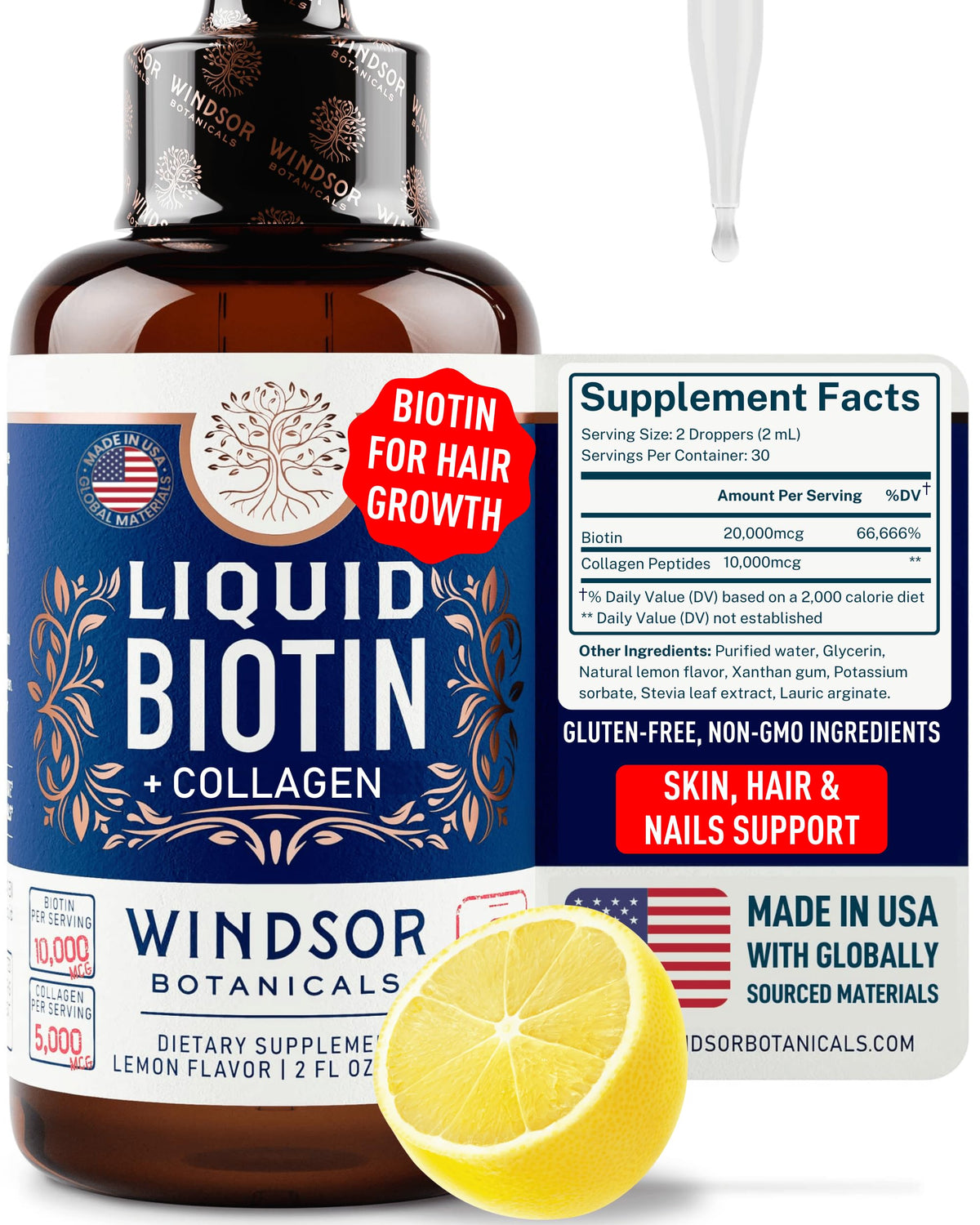 WINDSOR BOTANICALS Biotin Liquid Drops bottle front view