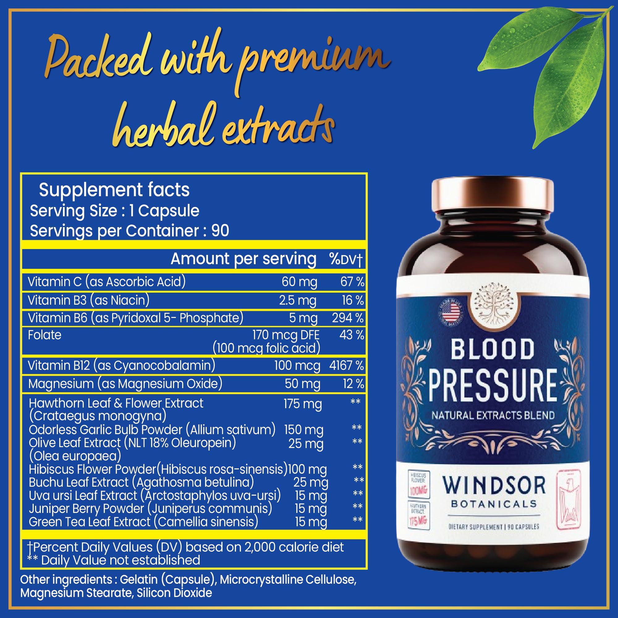 WINDSOR BOTANICALS Blood Pressure Support Capsules on a wooden table