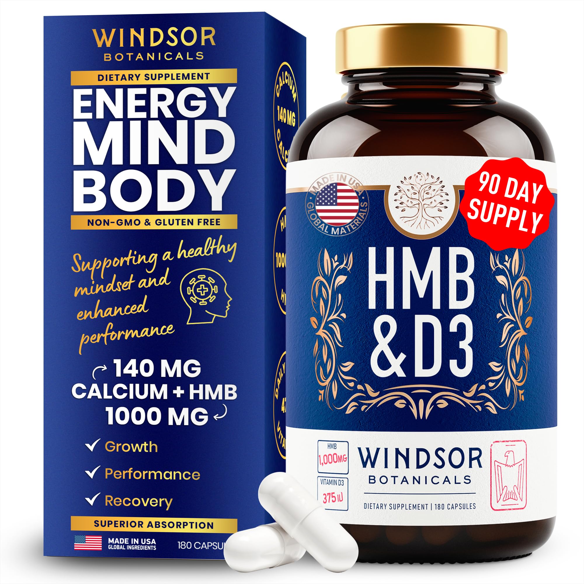 WINDSOR BOTANICALS HMB D3 Calcium Supplement Capsules front view