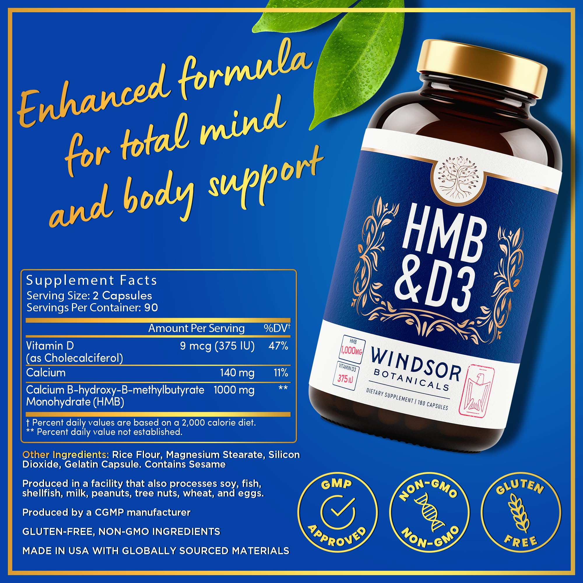 WINDSOR BOTANICALS HMB D3 Calcium Supplement Capsules packaging