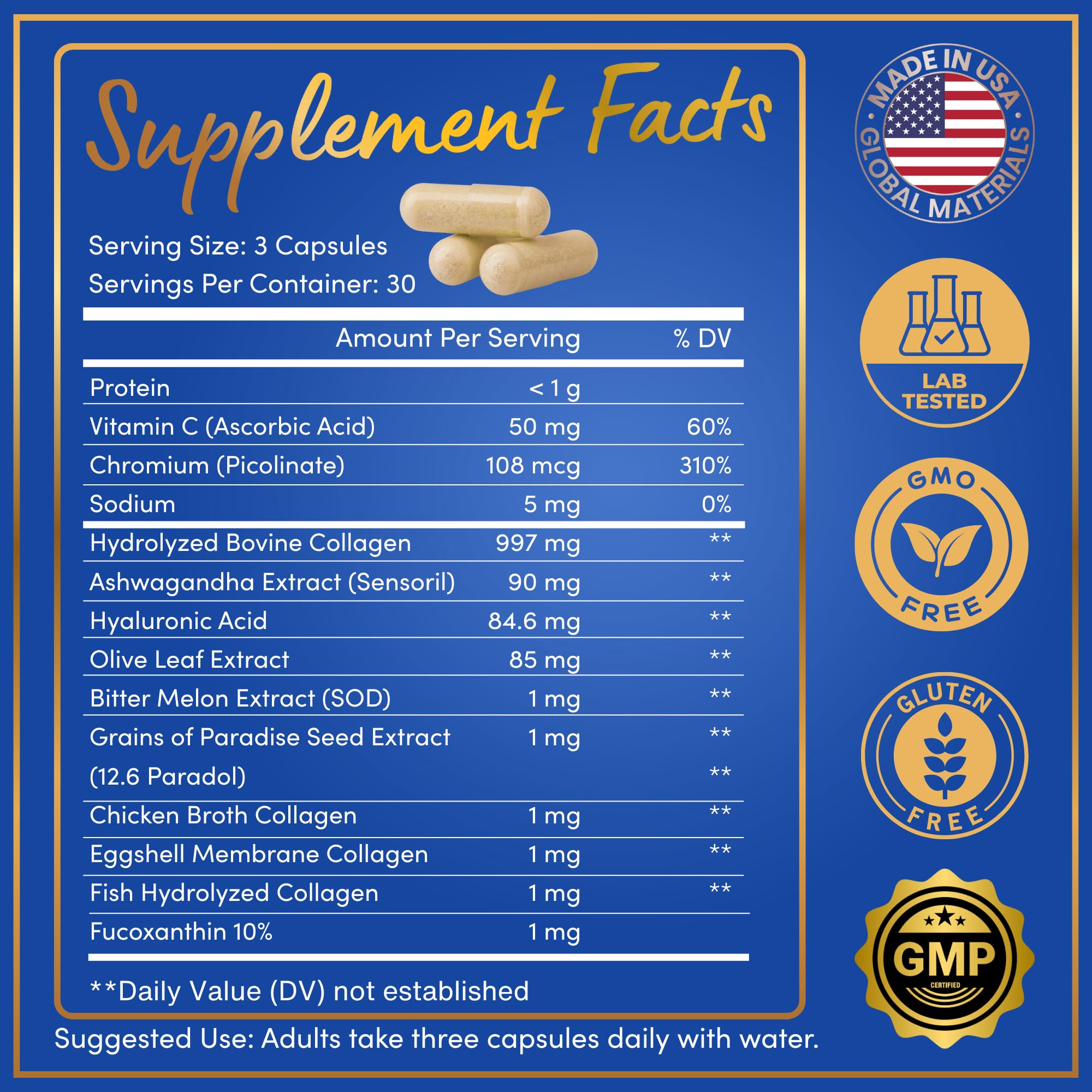 WINDSOR BOTANICALS Multi Collagen Capsules side view with ingredients