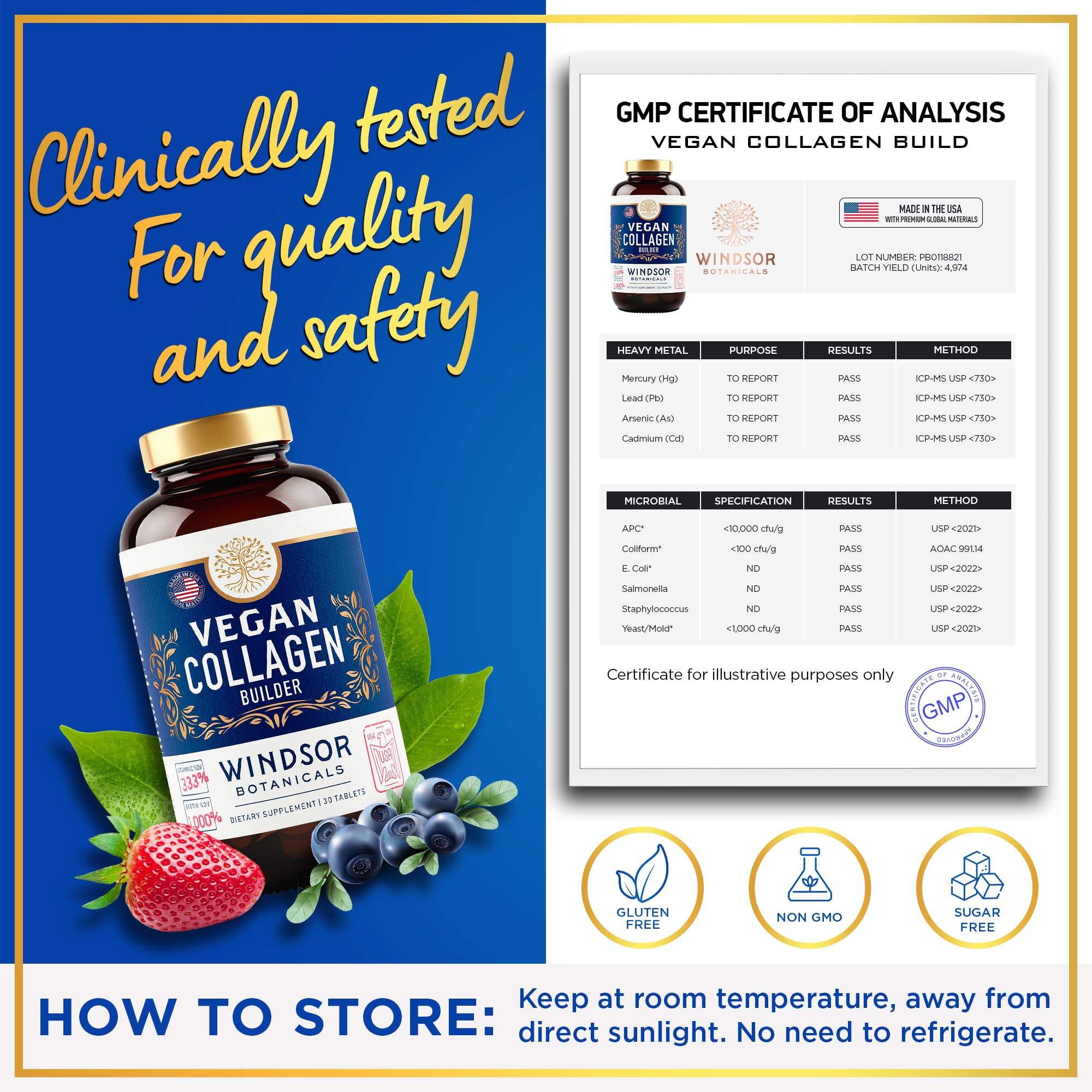 WINDSOR BOTANICALS Vegan Collagen Tablets on a table