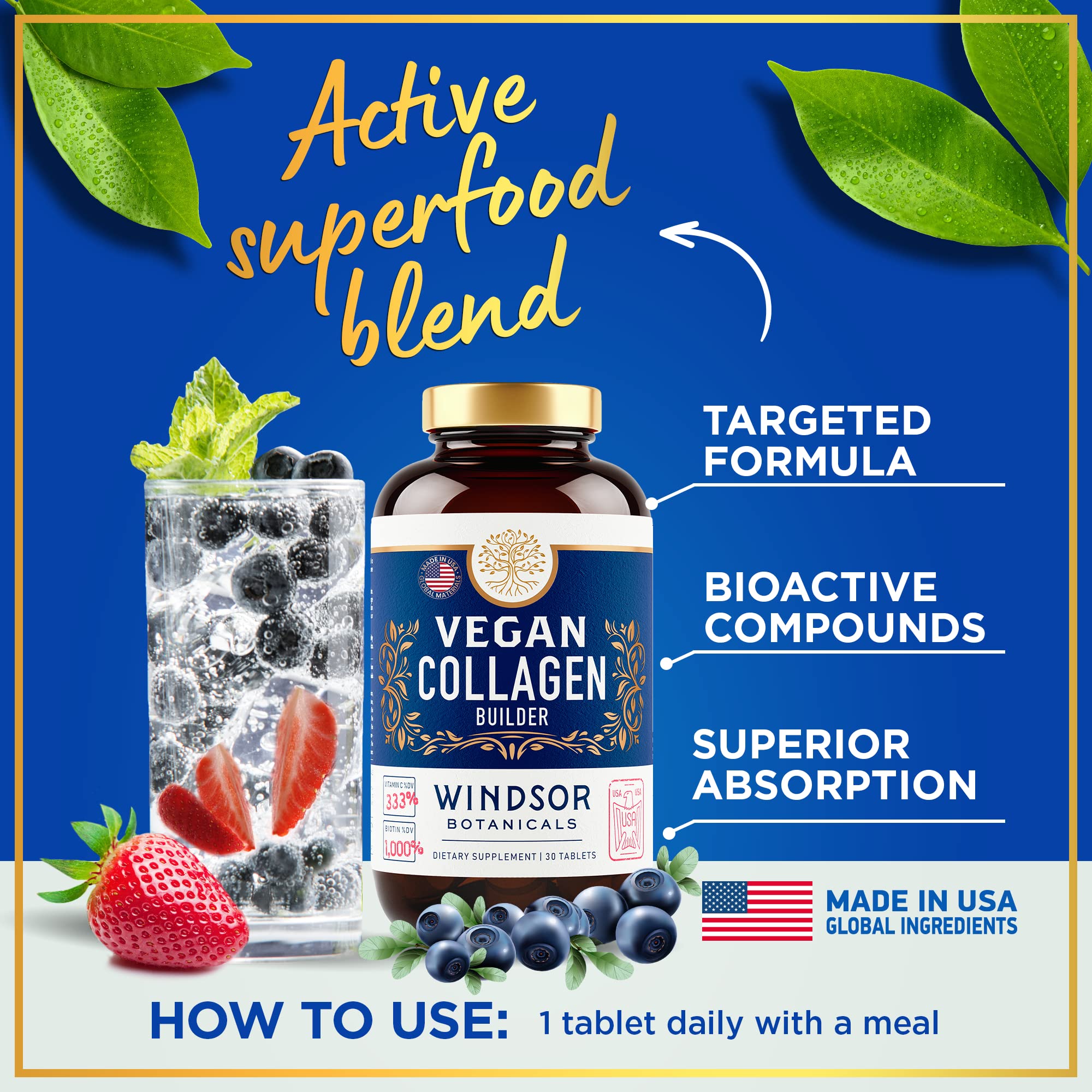WINDSOR BOTANICALS Vegan Collagen Tablets with ingredients