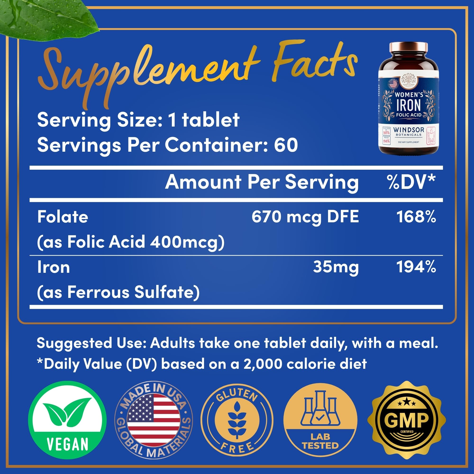 WINDSOR BOTANICALS Vegan Iron Supplement bottle side view