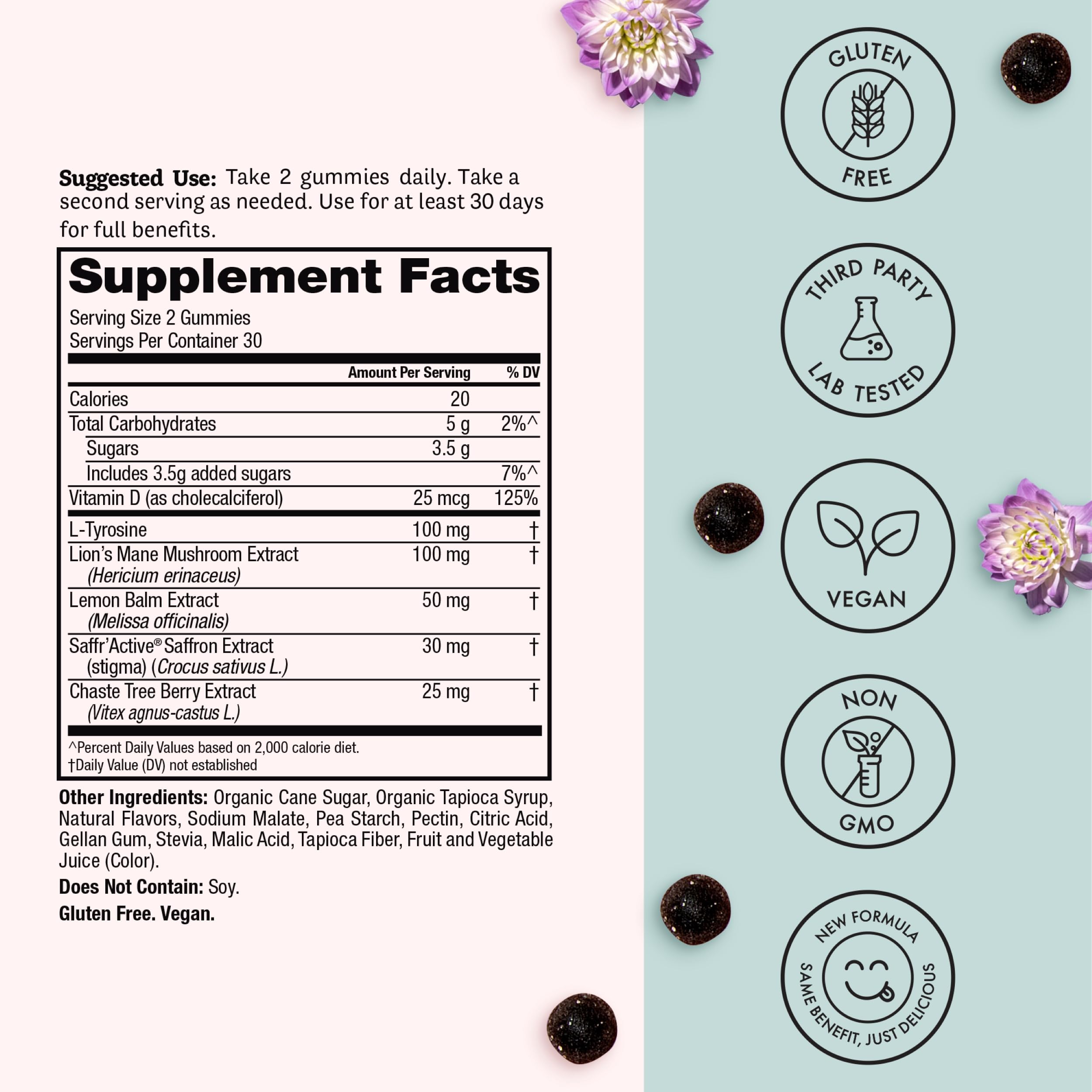 Winged Happy Her Gummies ingredients list on packaging