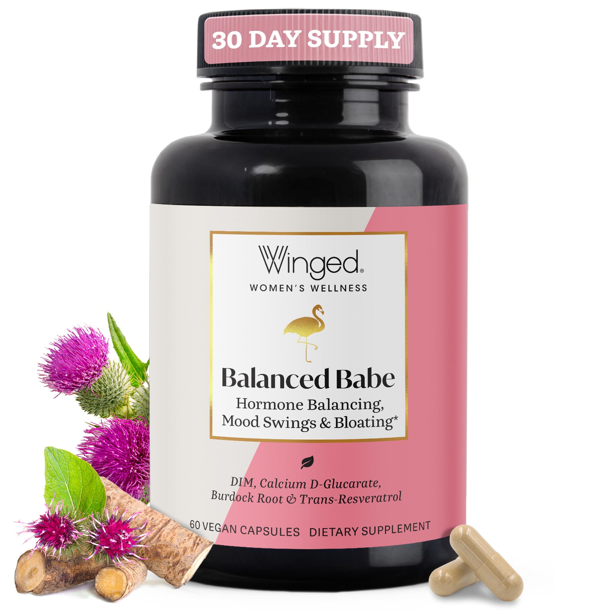 Winged Wellness Balanced Babe Capsules front view with packaging