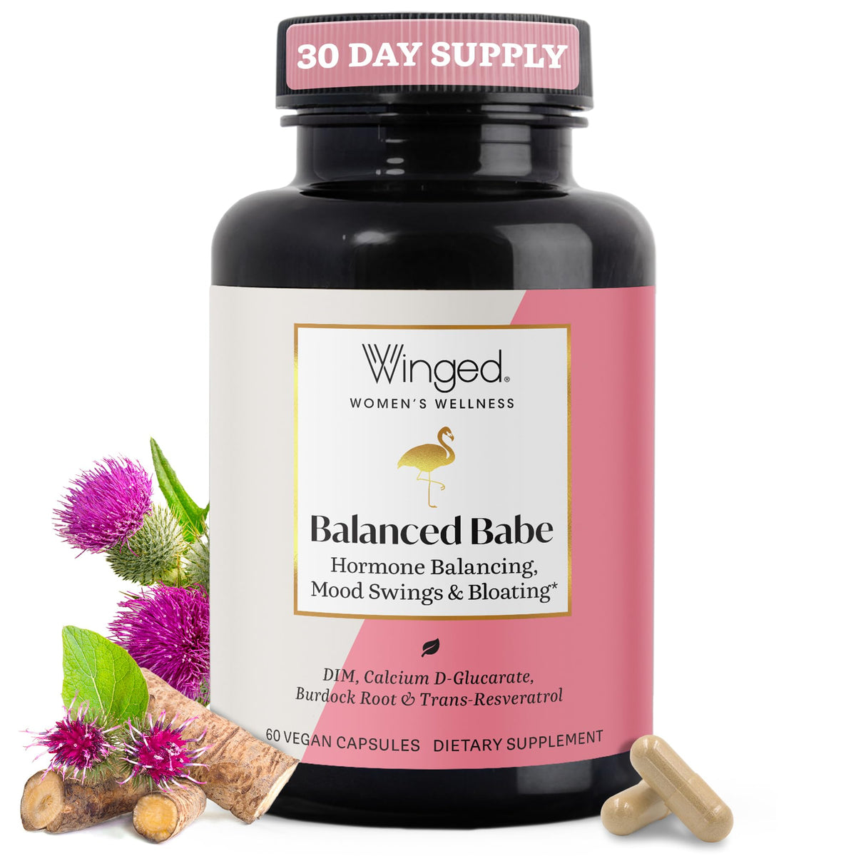Winged Wellness Balanced Babe Capsules front view with packaging