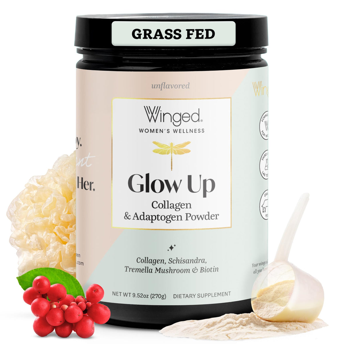 Winged Wellness Glow Up Collagen Powder front view packaging