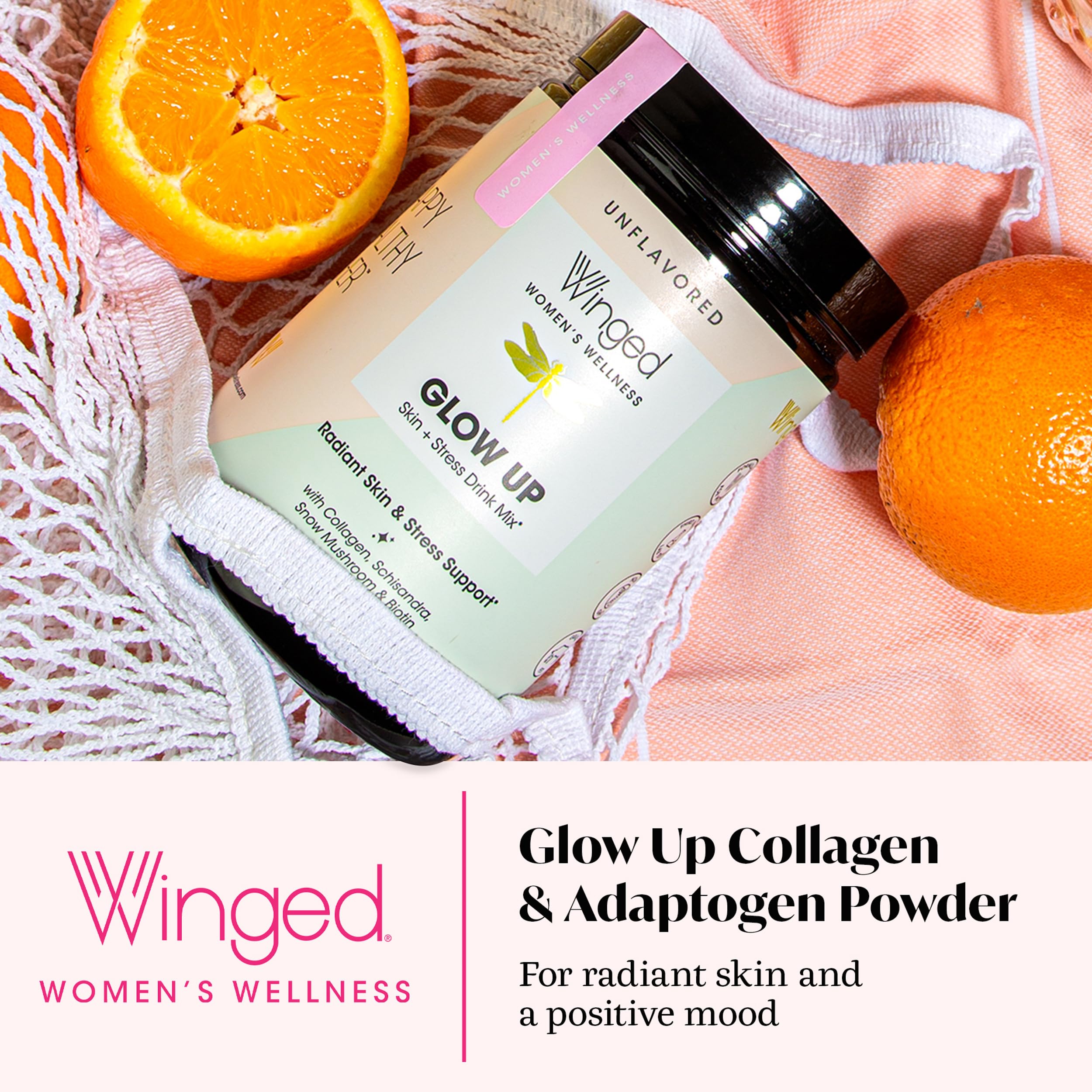 Winged Wellness Glow Up Collagen Powder scoop and powder