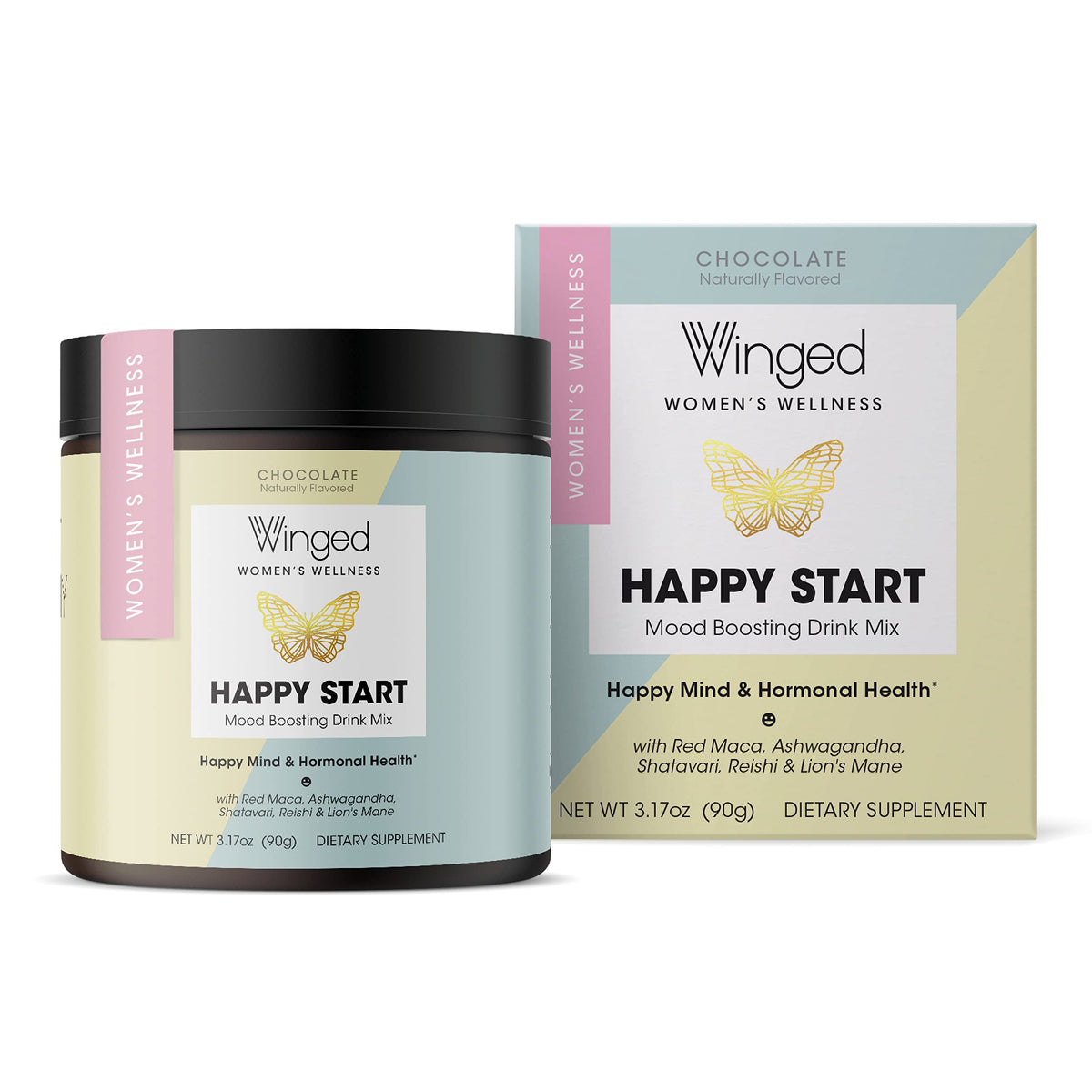 Winged Wellness Happy Start Mushroom Powder front view packaging