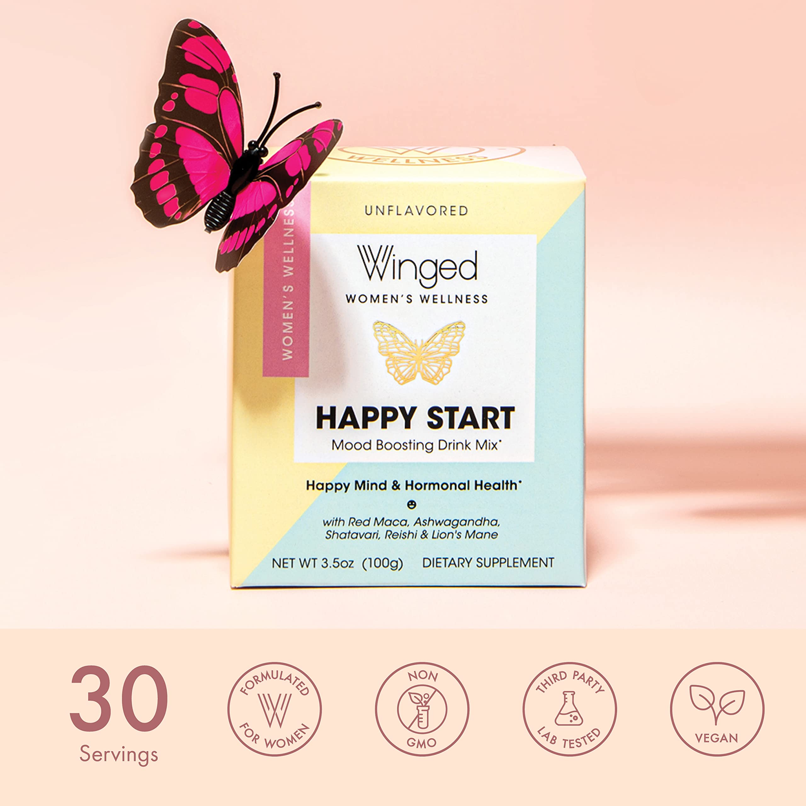 Winged Wellness Happy Start Mushroom Powder mixed in smoothie