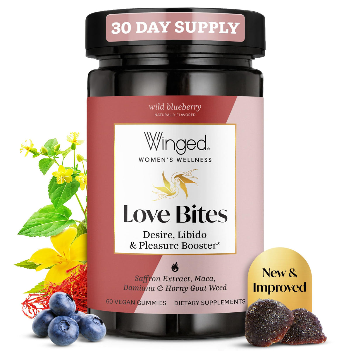Winged Wellness Love Bites Gummies front view, wild blueberry flavour