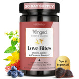 Winged Wellness Love Bites Gummies front view, wild blueberry flavour