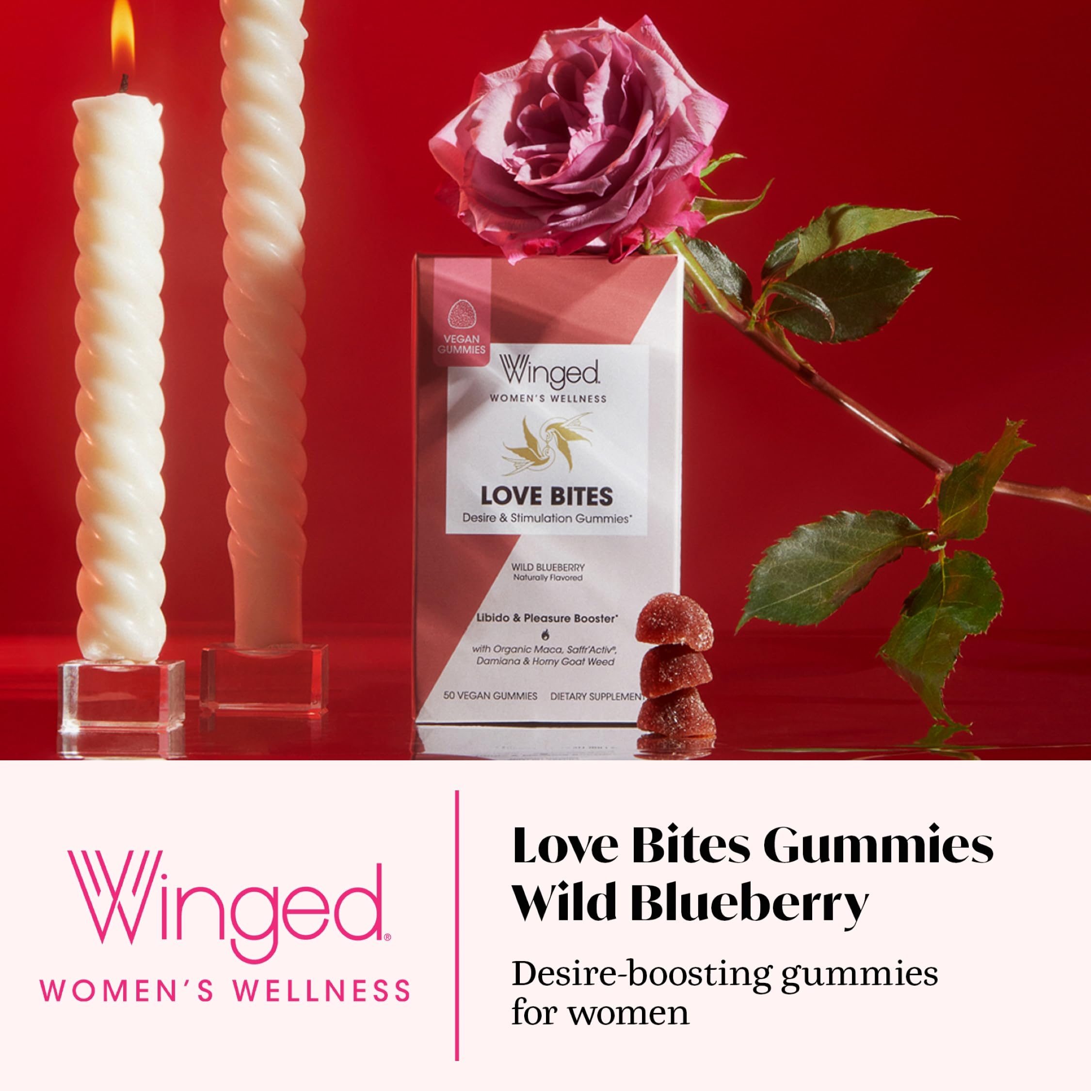 Winged Wellness Love Bites Gummies packaging showing 60 count