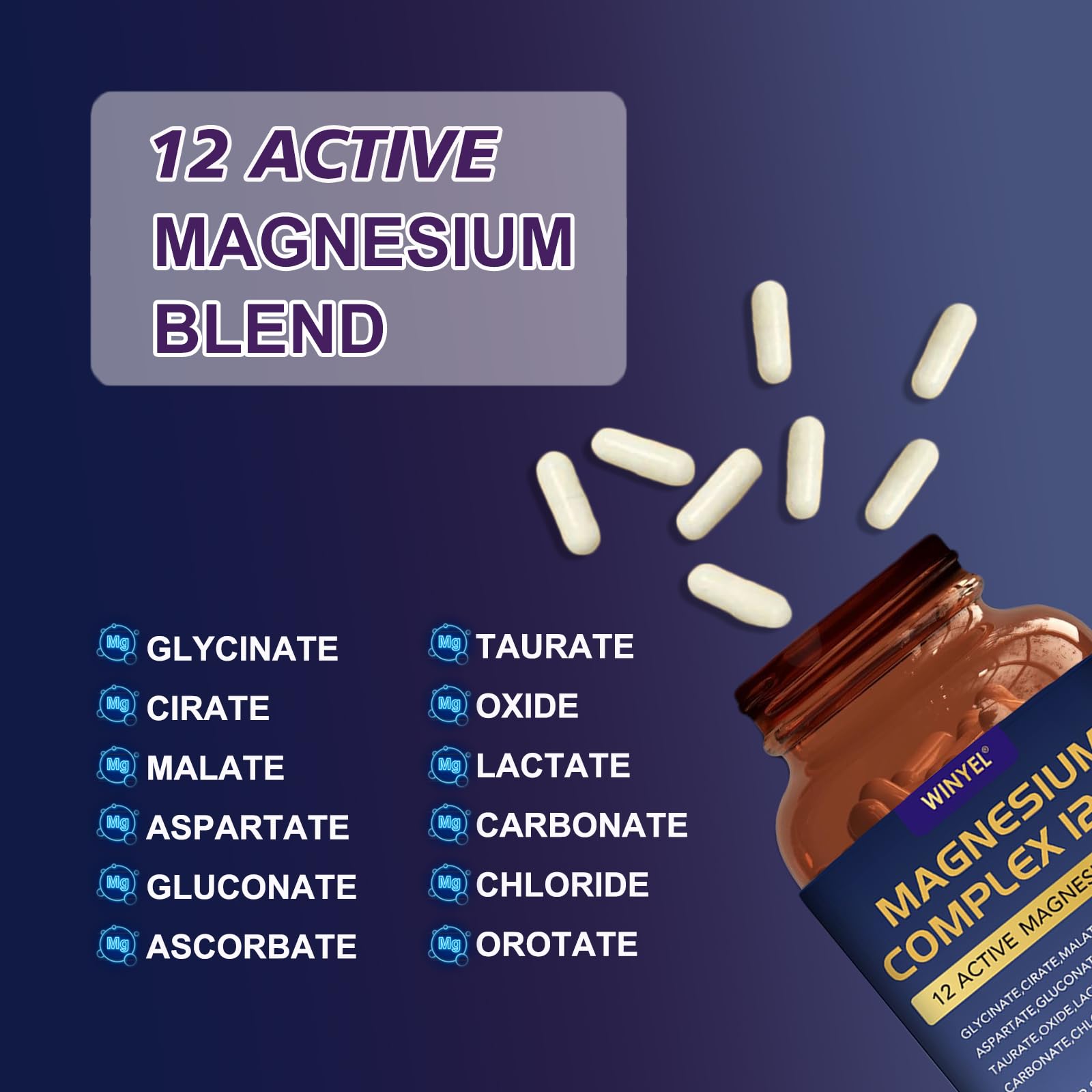 WINYEL Magnesium Complex 12 in 1 700mg Capsules close-up of capsules