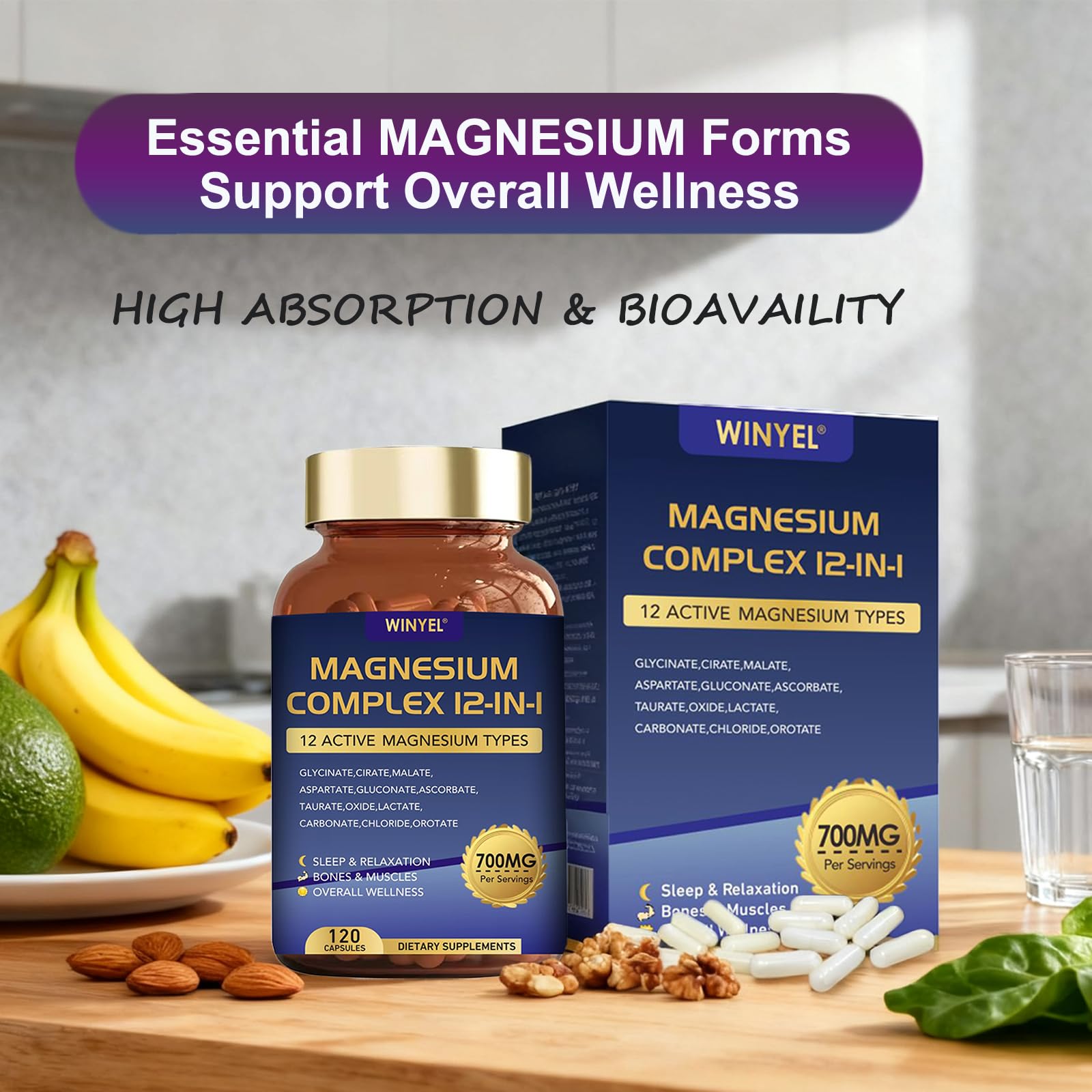 WINYEL Magnesium Complex 12 in 1 700mg Capsules with lifestyle background