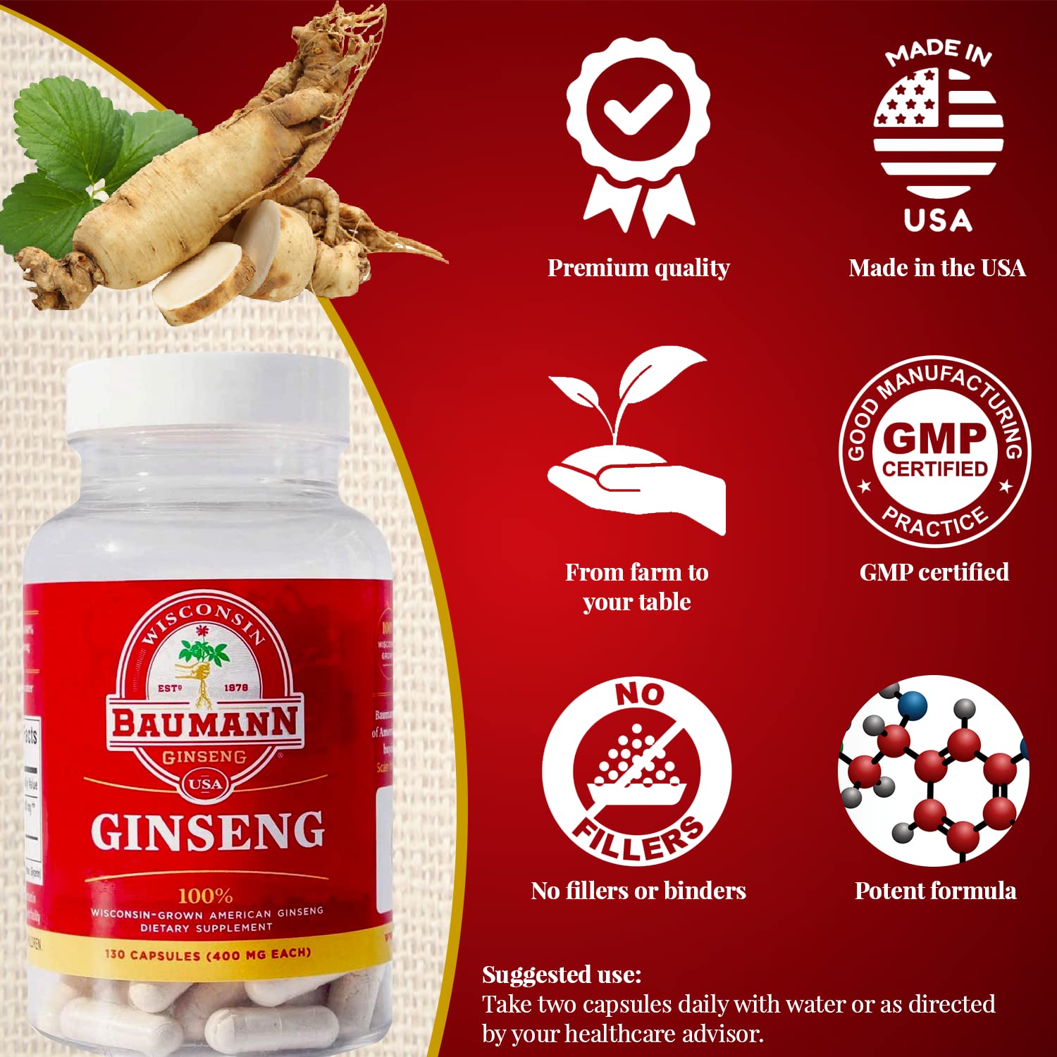 WISCONSIN ESTD 1978 BAUMANN GINSENG USA Ginseng Capsules alongside fresh ginseng roots