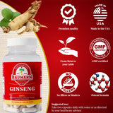 WISCONSIN ESTD 1978 BAUMANN GINSENG USA Ginseng Capsules alongside fresh ginseng roots