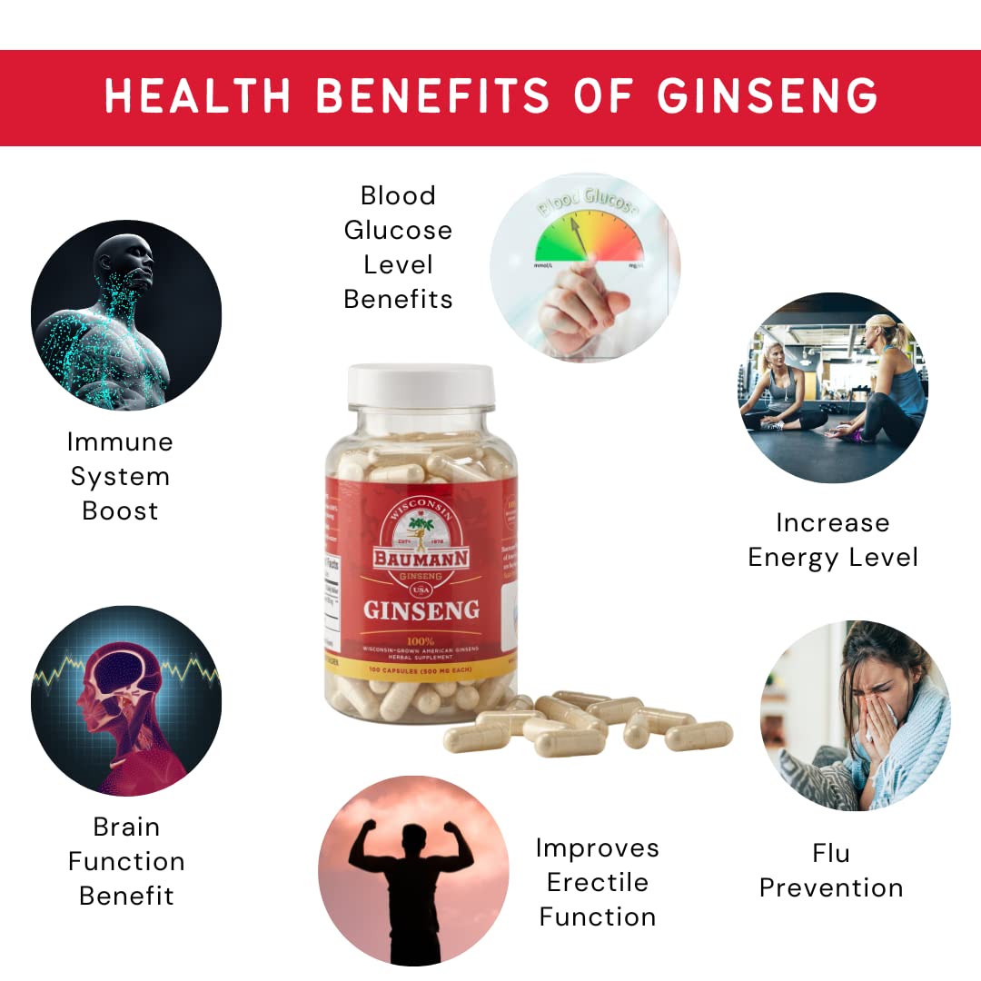 WISCONSIN ESTD 1978 BAUMANN GINSENG USA Ginseng Capsules with a measuring spoon
