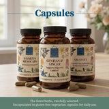Wise Woman Herbals Ginger Capsules on a wooden table