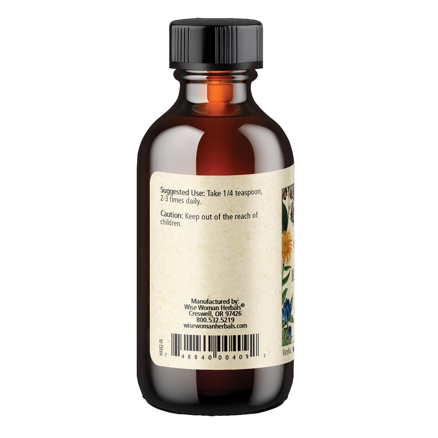 Wise Woman Herbals Hawthorn Botanical Syrup with a teaspoon