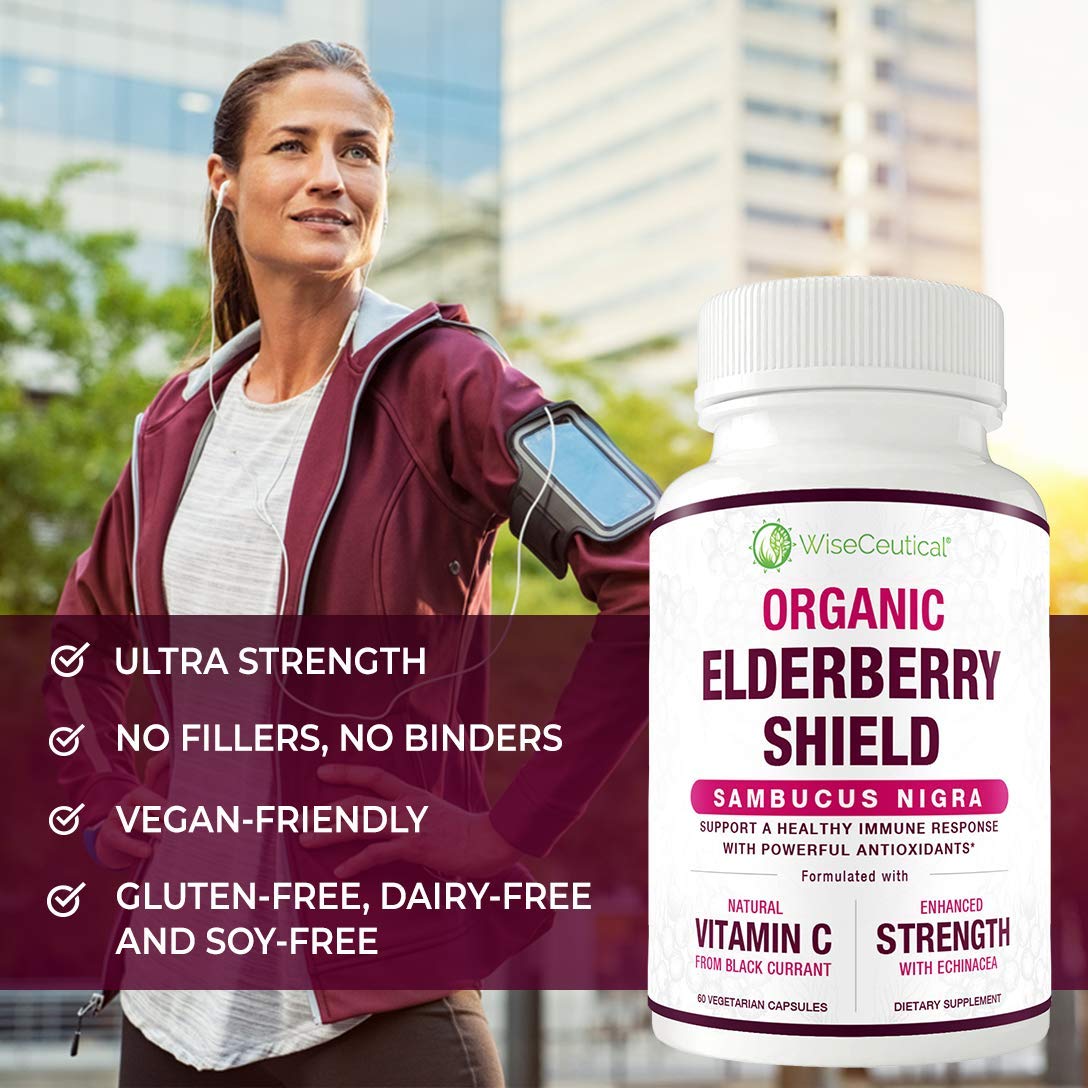 Wiseceutical Elderberry Supplement displayed with organic ingredients