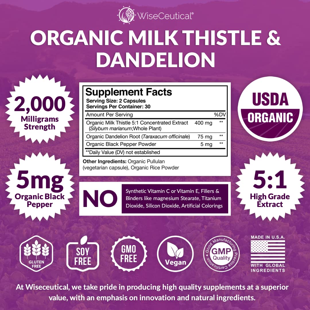 Wiseceutical Organic Milk Thistle & Dandelion bottle side view