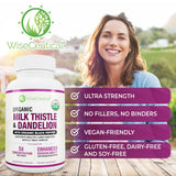 Wiseceutical Organic Milk Thistle & Dandelion supplement on wooden table