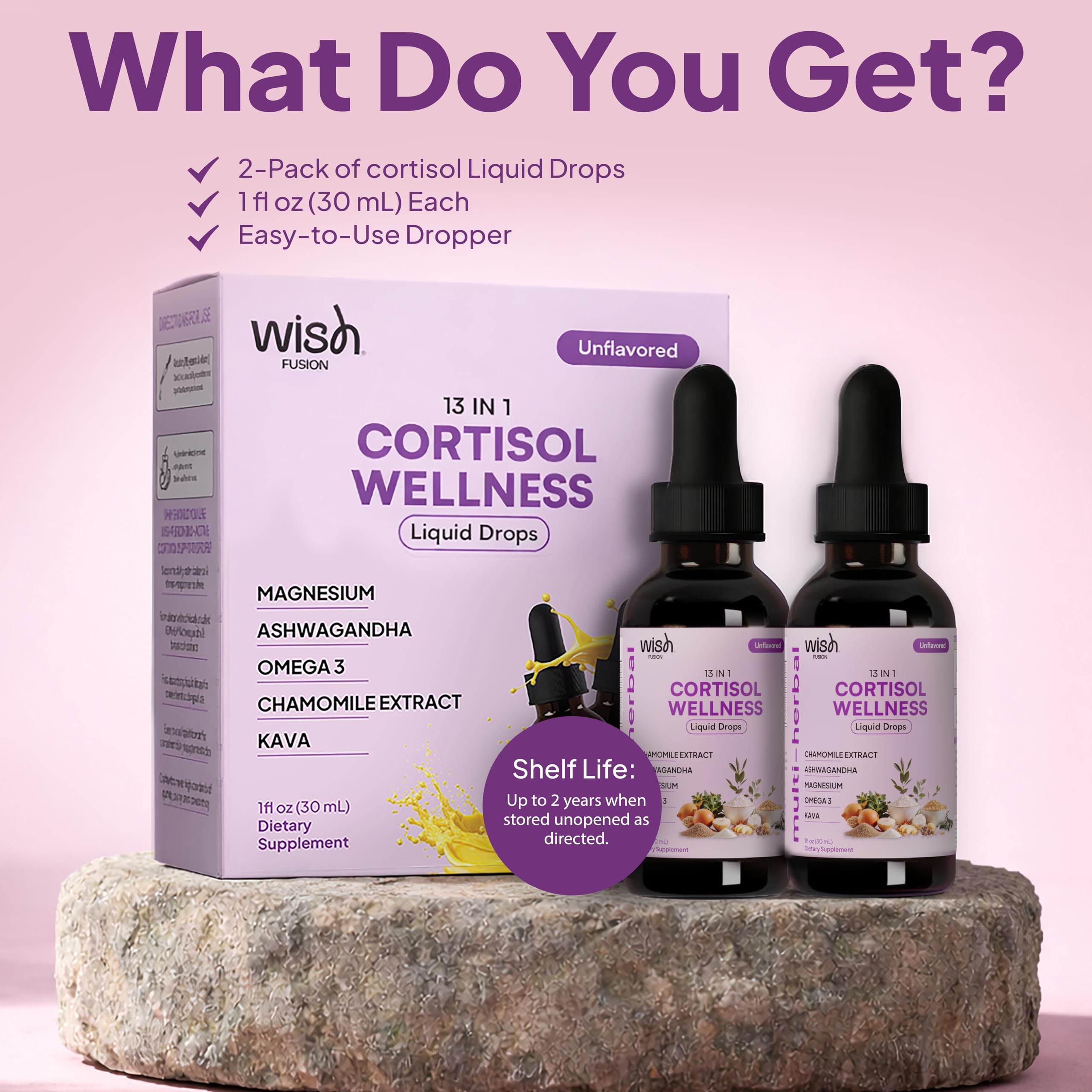 Wish Fusion Cortisol Wellness Drops 30ml in a glass of water