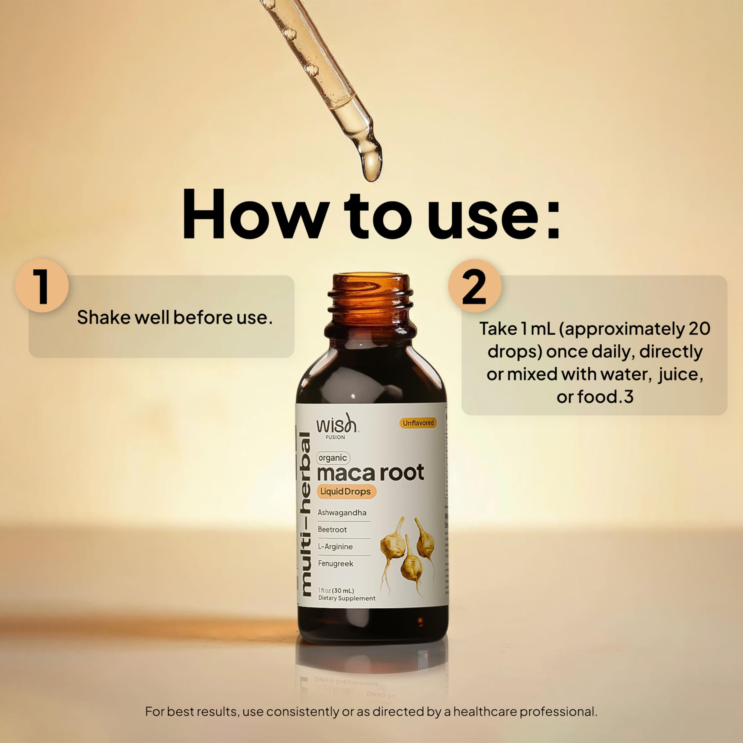 Wish Fusion Maca Root Liquid Drops being poured into a glass