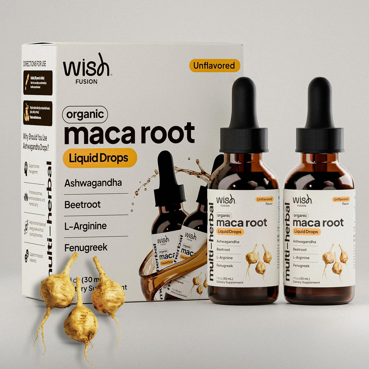 Wish Fusion Maca Root Liquid Drops front view of packaging