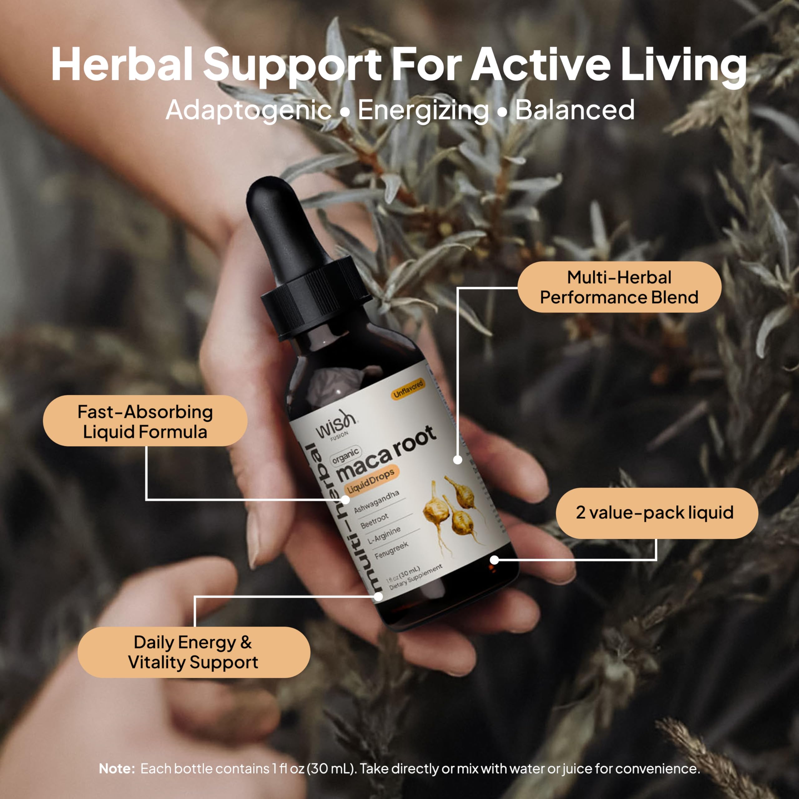 Wish Fusion Maca Root Liquid Drops two bottles side by side