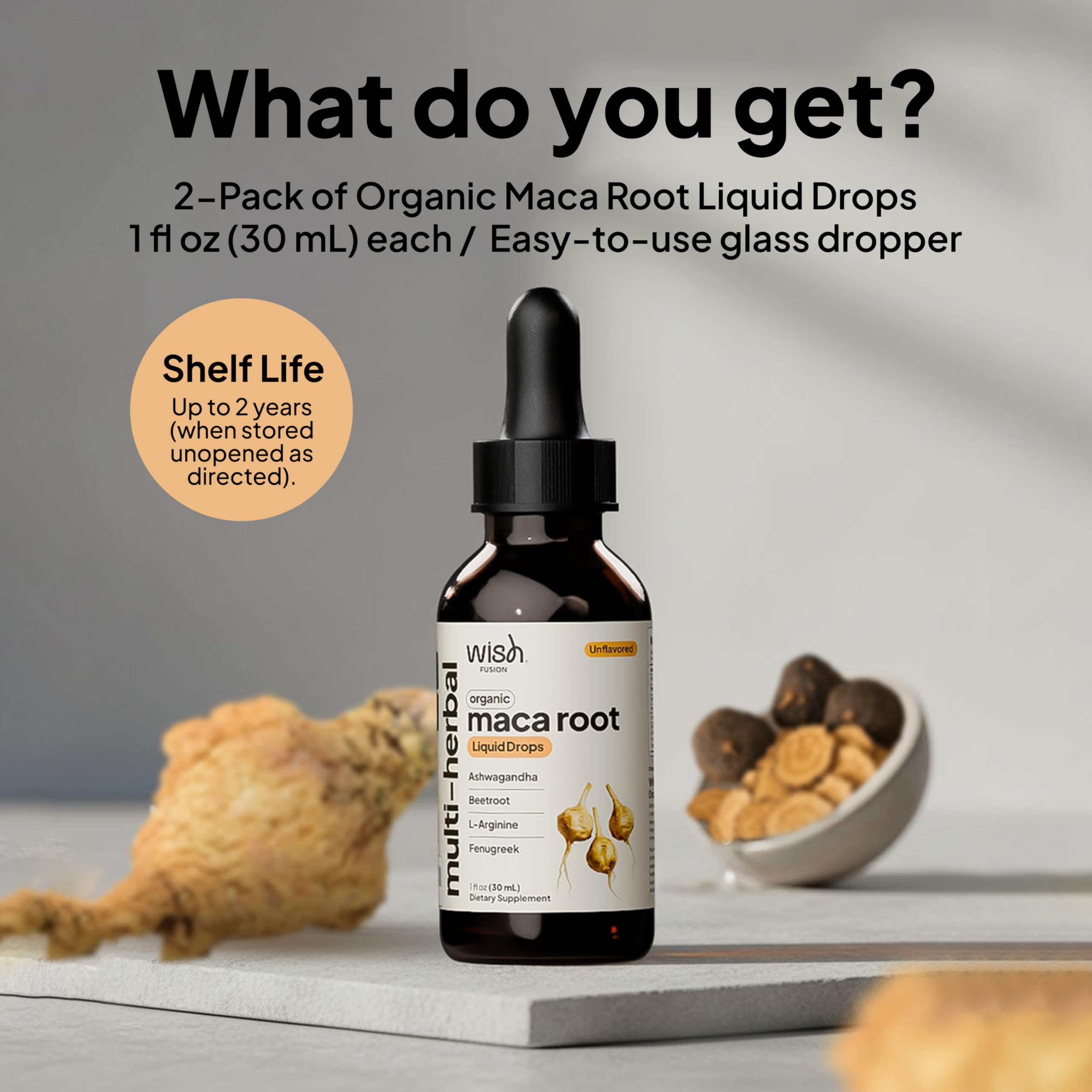 Wish Fusion Maca Root Liquid Drops with fresh ingredients