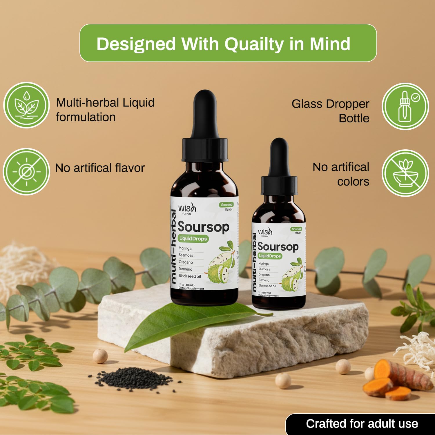 Wish Fusion Soursop Bitters Liquid Supplement with glass of water