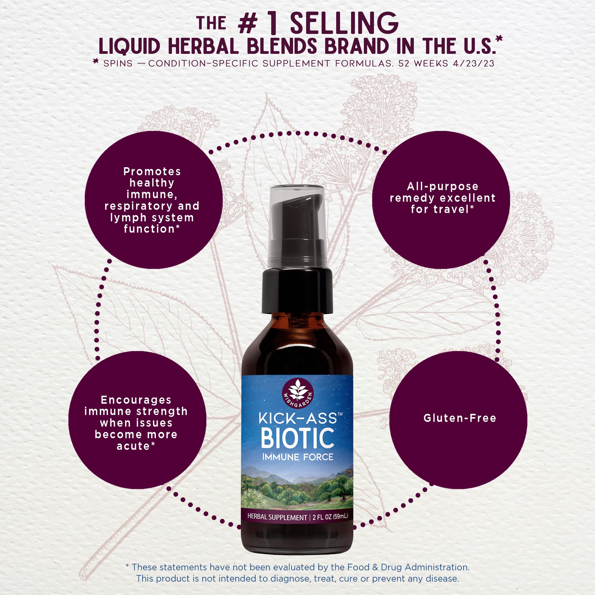 WishGarden Kick-Ass Biotic Liquid Tincture bottle on a wooden table