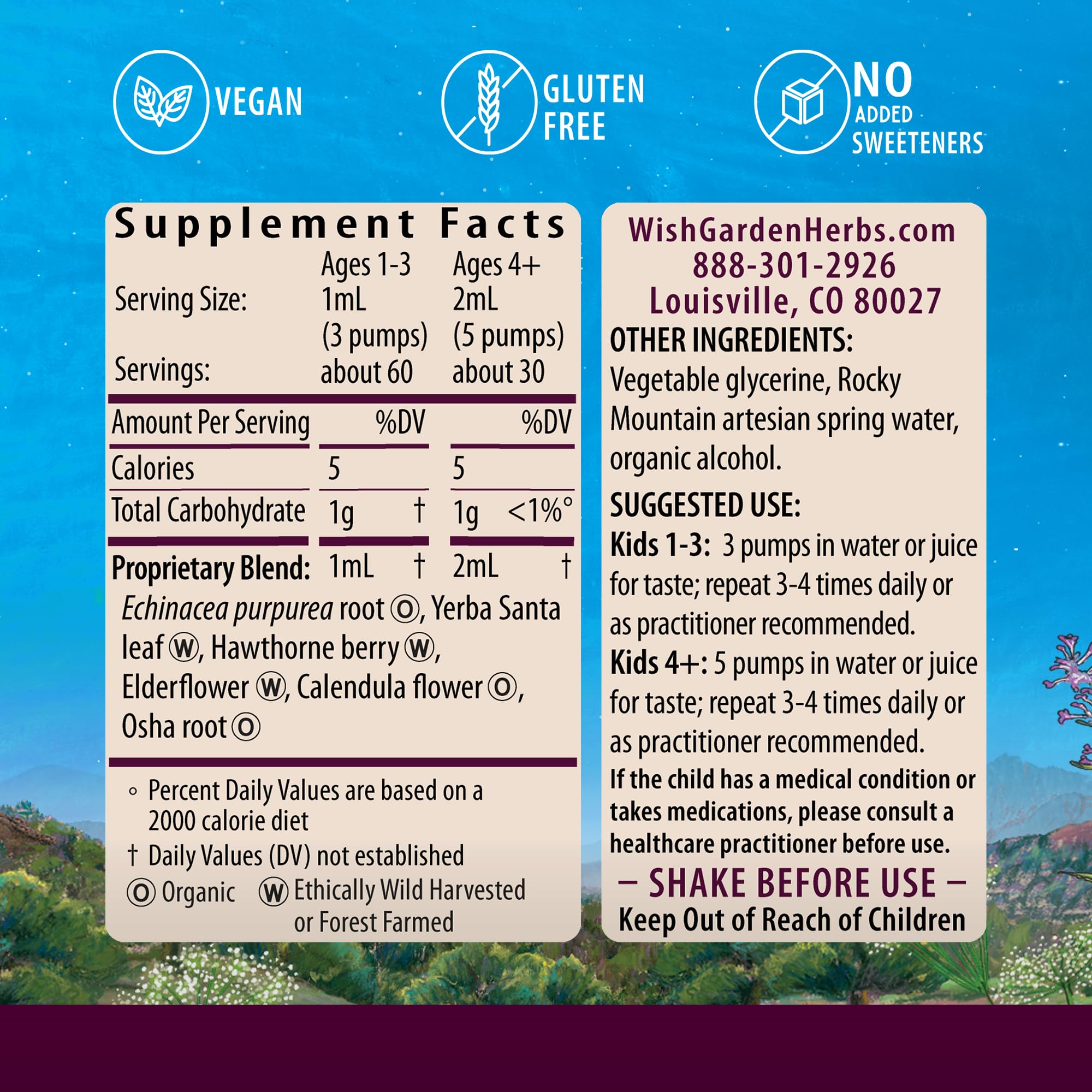 WishGarden Kick-It daily wellness for Kids herbal supplement bottle side view