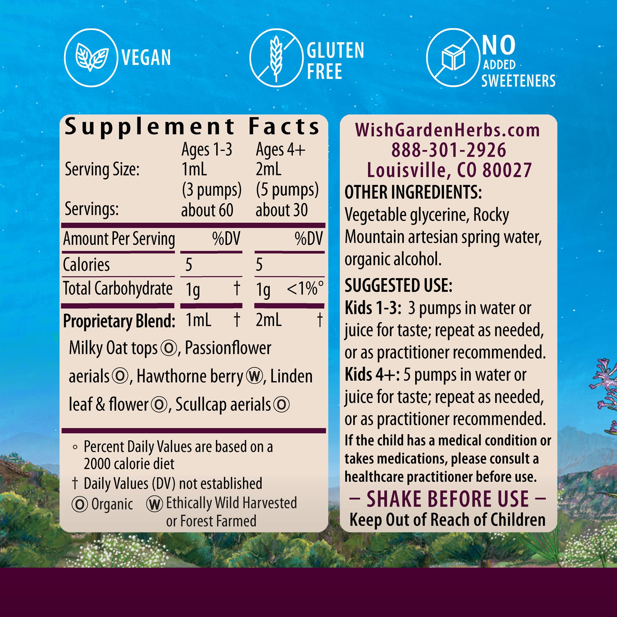 WishGarden Sleepy Nights for Kids liquid herbal sleep aid bottle side view