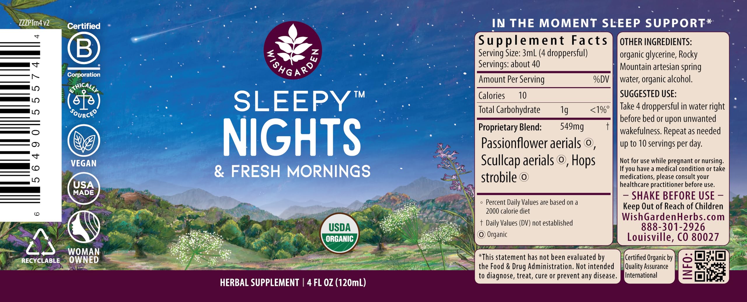 WishGarden Sleepy Nights Herbal Sleep Drops 227g back view