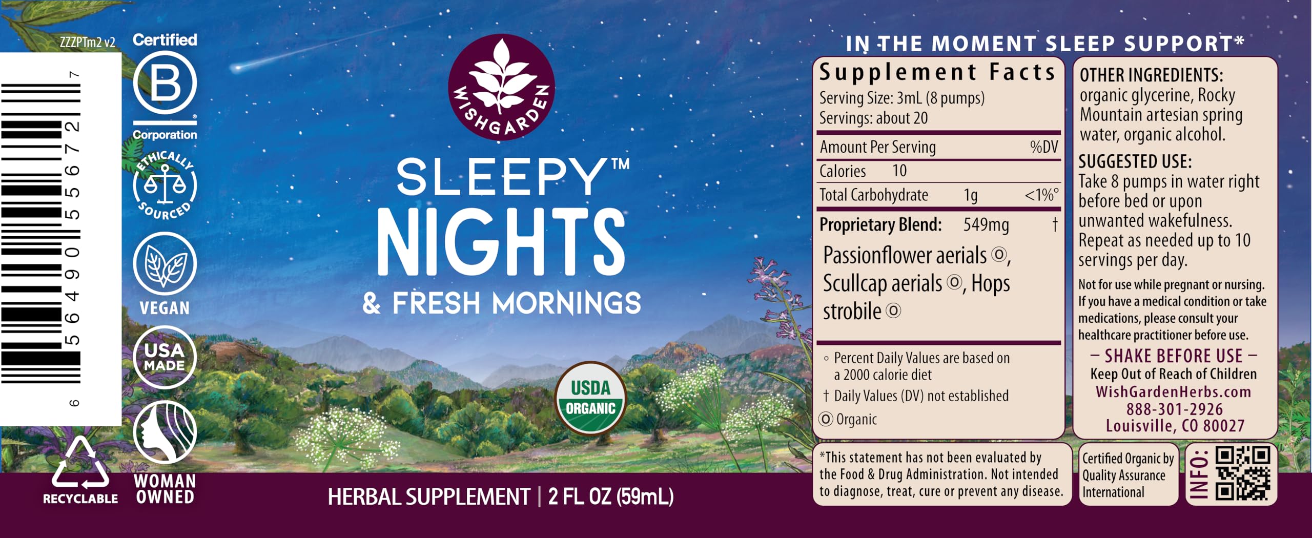 WishGarden Sleepy Nights Herbal Sleep Supplement bottle side view