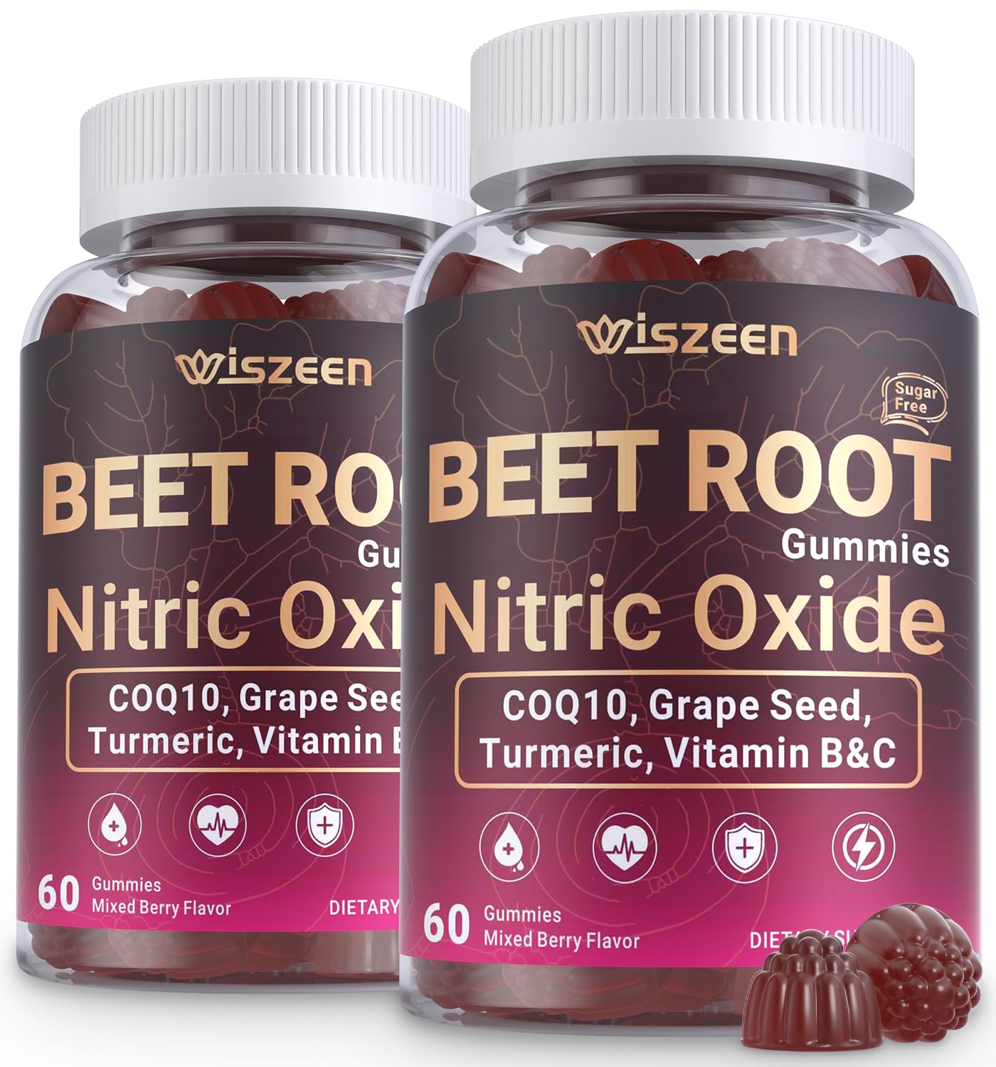 Wiszeen Beet Root Gummies bottle front view with mixed berry flavour