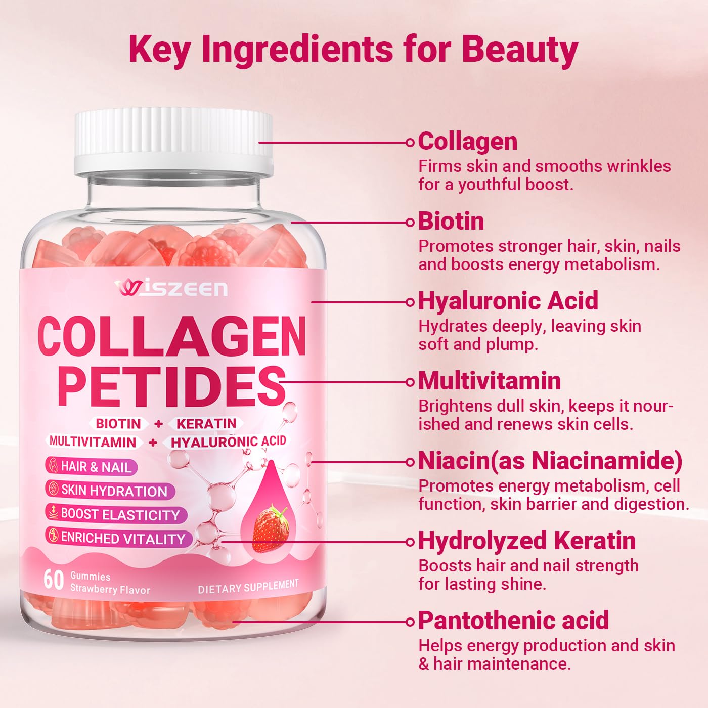 Wiszeen Collagen Gummies for Women displayed with fresh fruits