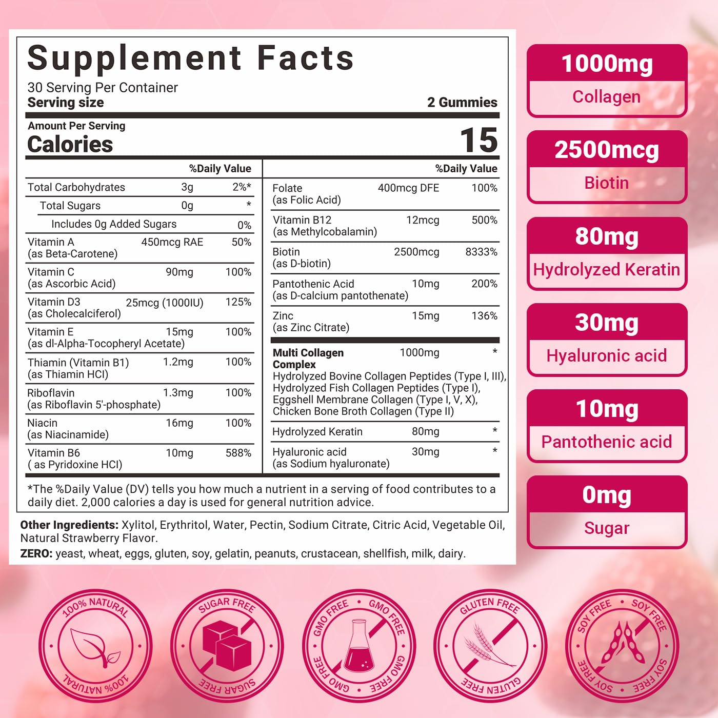 Wiszeen Collagen Gummies for Women side view with nutritional information
