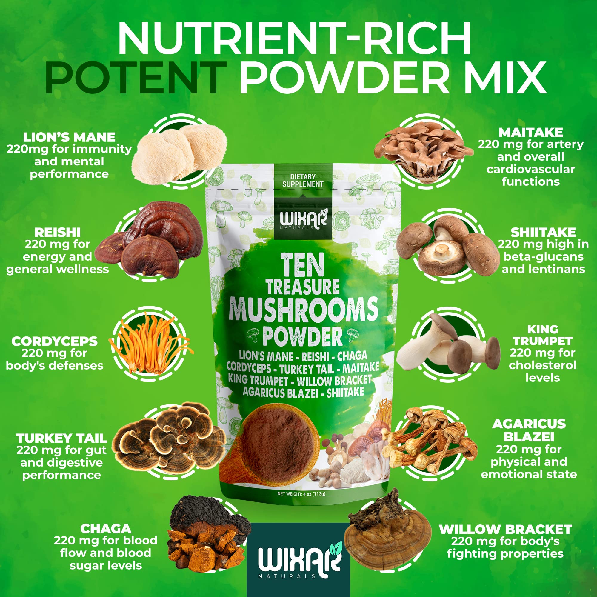 WIXAR NATURALS 10-IN-1 Mushroom Powder 113g packaging