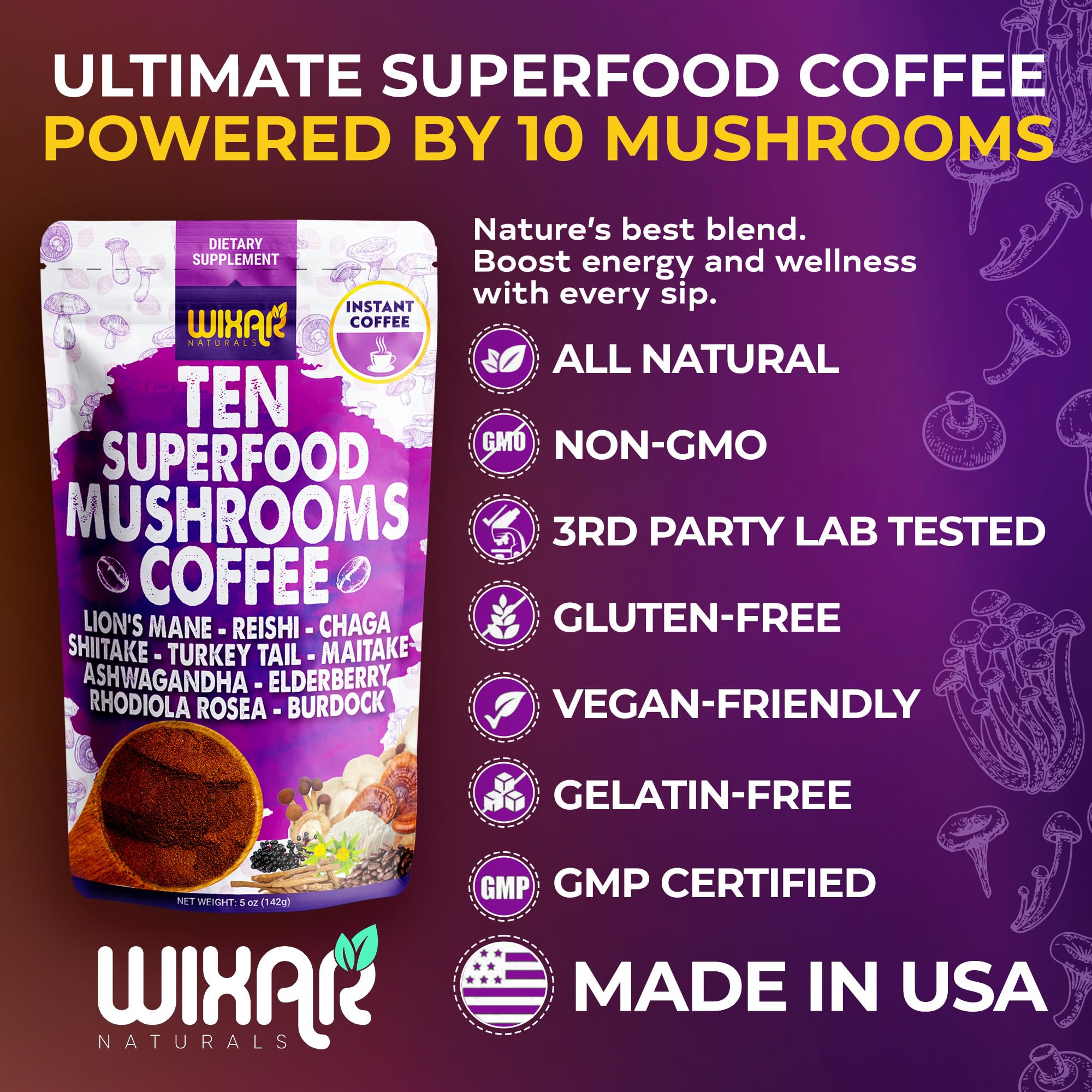 WIXAR NATURALS 10-Mushroom Superfood Coffee Blend ingredients list