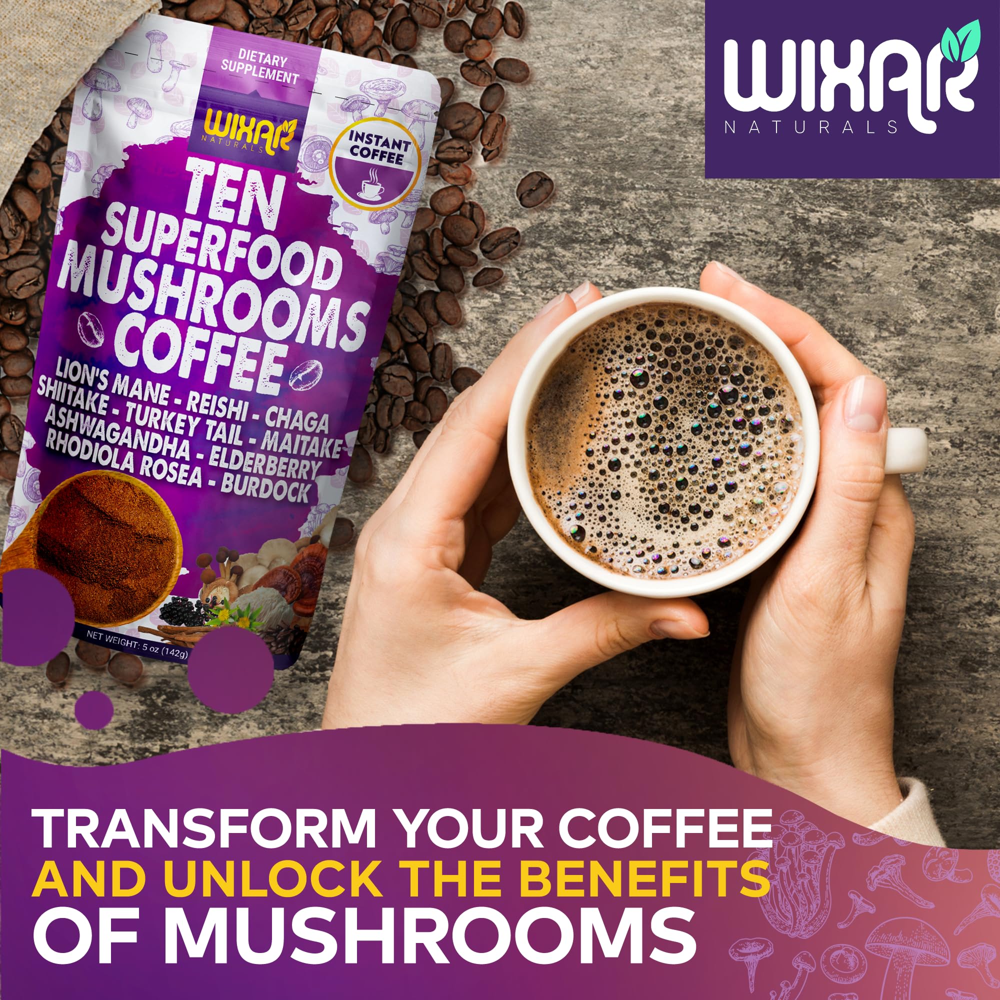 WIXAR NATURALS 10-Mushroom Superfood Coffee Blend lifestyle scene