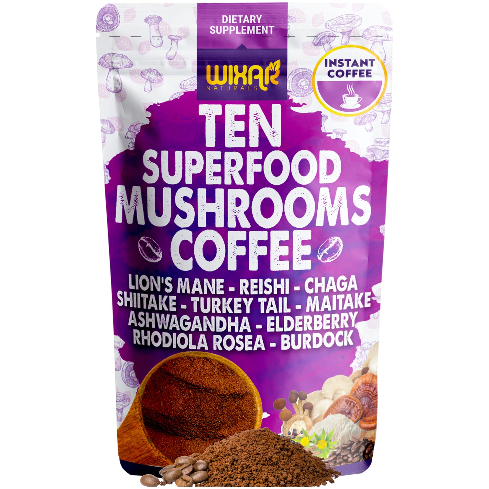 WIXAR NATURALS 10-Mushroom Superfood Coffee Blend packaging front view